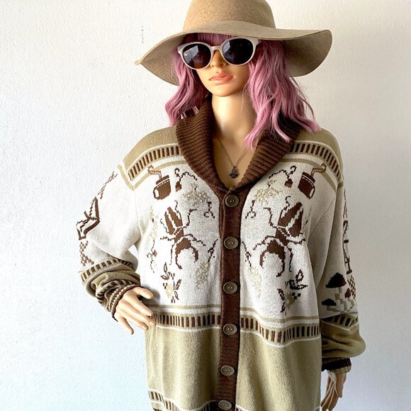 Mulitcolored Cardigan Sweater Novelty Print Unique Fashion Quirky Grandpa Granny - Picture 1 of 9
